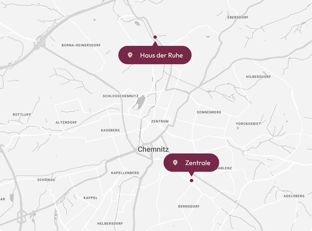 Kartenausschnitt von Chemnitz mit den markierten Standorten Zentrale und Haus der Ruhe