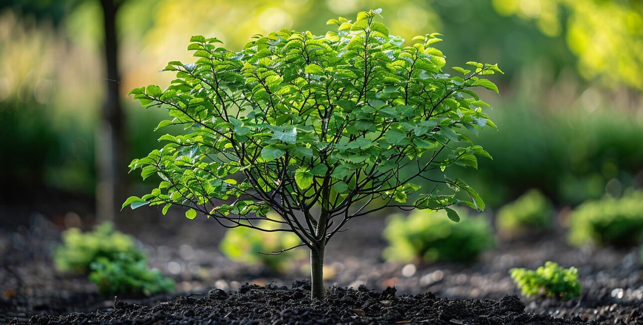 Junger Baum mit grünen Blättern im Garten