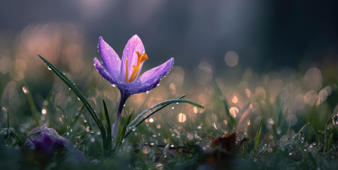 Lila Krokus mit Tautropfen im Gras